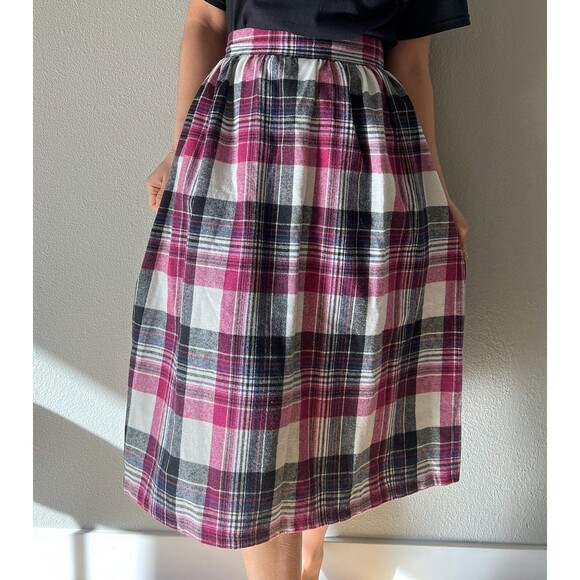 vtg‎ 80s citysquare wool plaid school skirt pink black white midi small retro - Picture 3 of 8